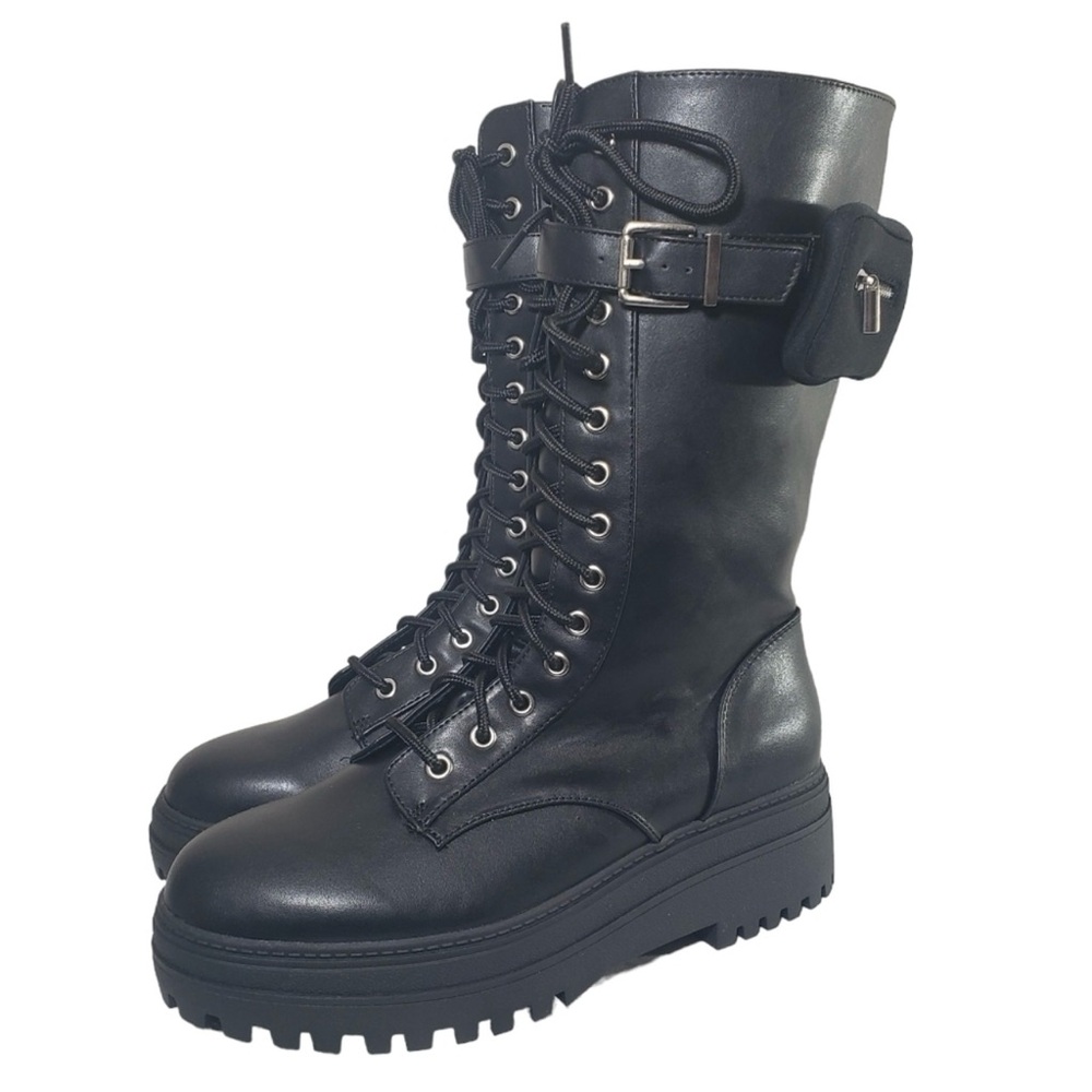 Wild Pair Shannon Black Lace Up Mid Calf Combat Boot Size 9M